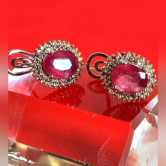 925 Sterling Silver Earrings with Natural Ruby & Sapphires Gemstones - Picture 1 of 14